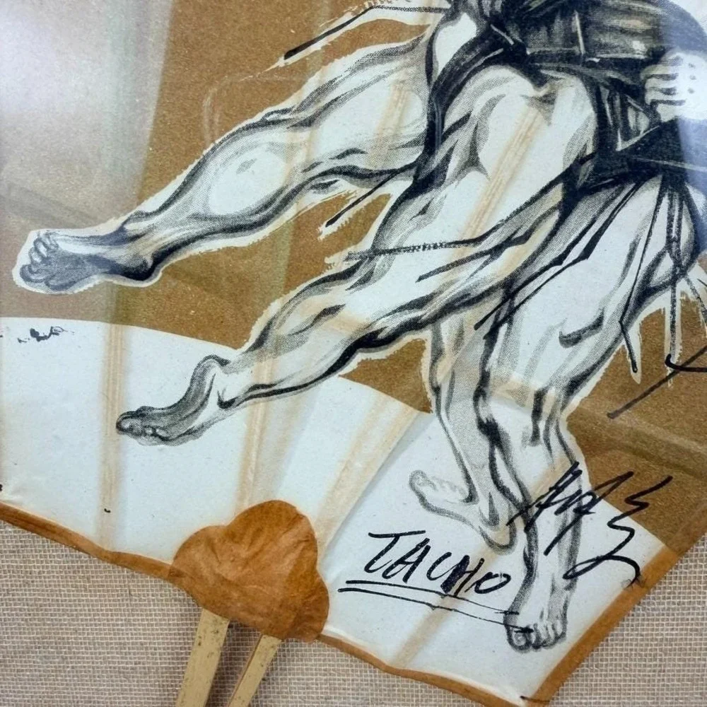 Vintage Japanese Framed Uchiwa Bamboo Fan Sumo Wrestlers Signed TACHO 12x17